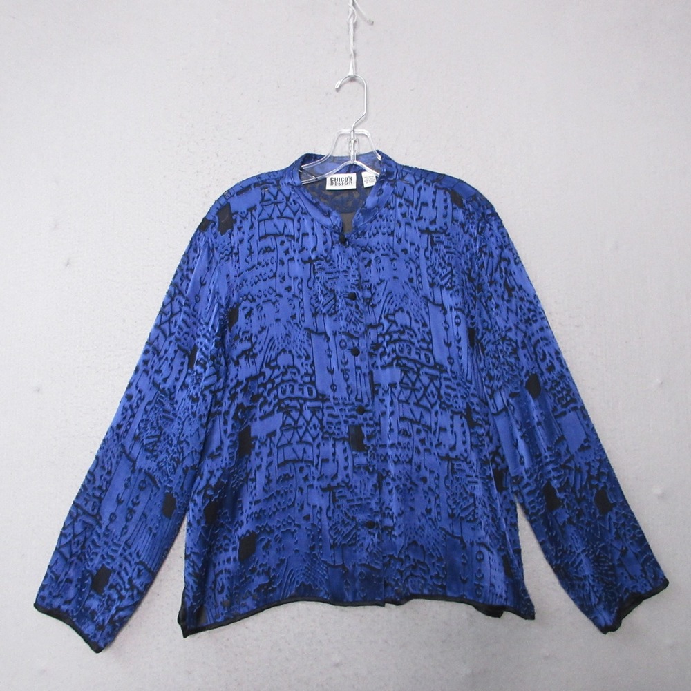 Vintage Chicos Design Top Blue Silk Blend Velvet Burnout Mandarin Collar Artsy